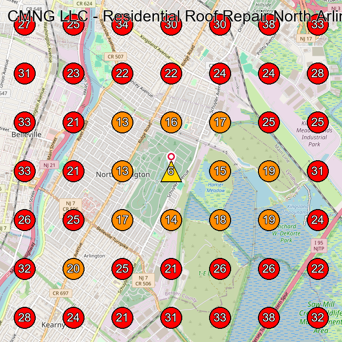 CMNG LLC - Residential Roof Repair North Arlington, NJ, Roof Inspection, Installation & Replacement GeoGrid visibility map for Roofing Contractor in Kearny